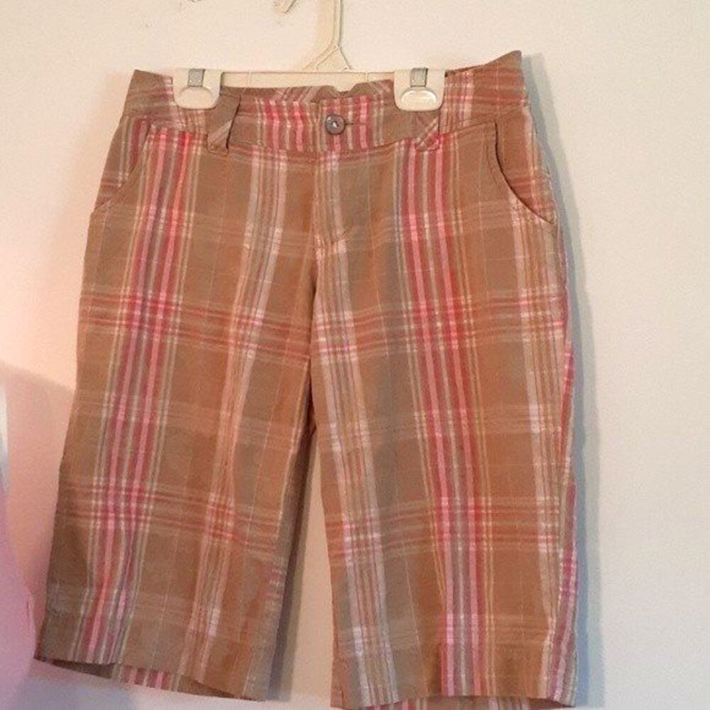 plaid bermuda shorts 5  s small summer cotton pink tan beige brown